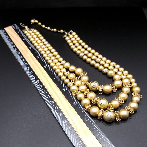 Vintage Japan Art Bead Gold Necklace, 3 Strands, 1950s, 18" - Picture 8 of 10